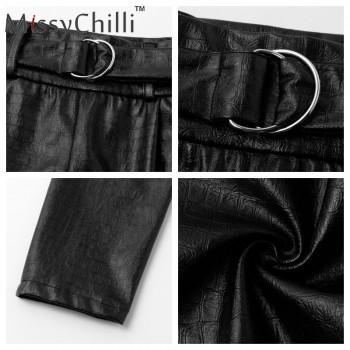 MissyChilli PU leather loose pants & capris Women high waist black pants women trousers Casual belt pants female winter bottoms